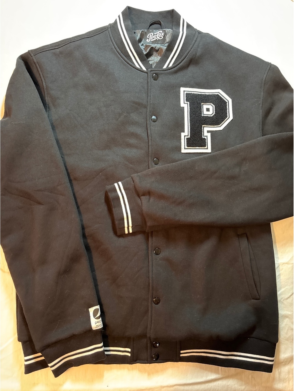 Pepsi Cola Men’s XL Varsity Jacket Black Chenille P Logo Zero Sugar